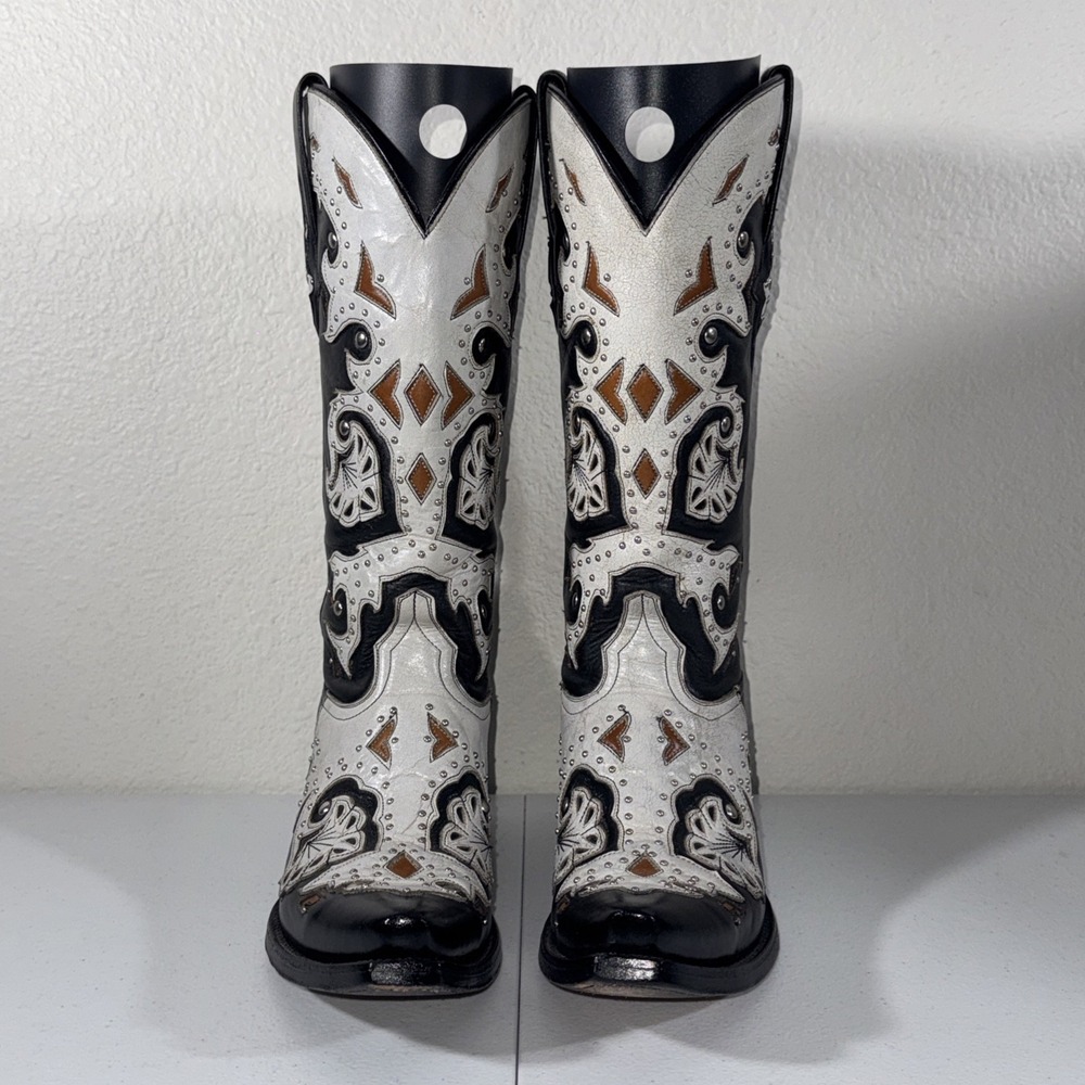 Lucchese Womens Black & White Studded Scarlette Cowboy Boots SZ 8 Western Gothic - Picture 3 of 16